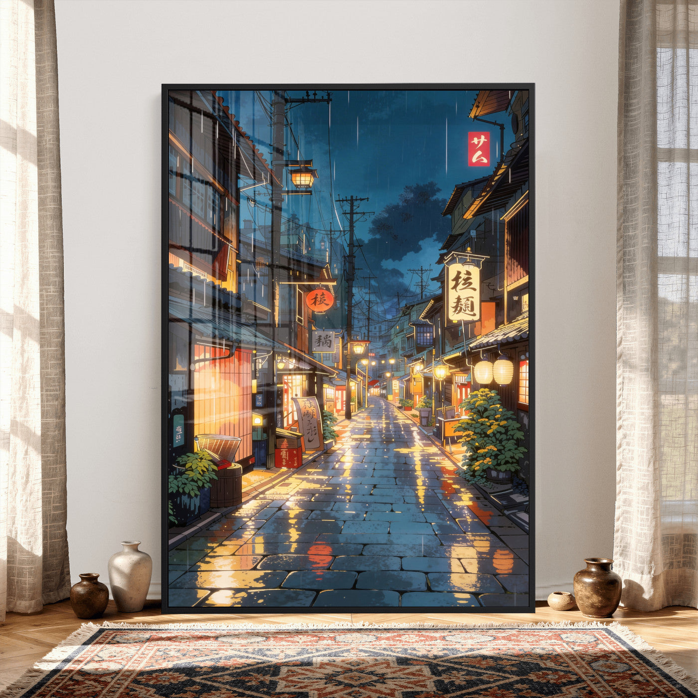4712069J1-MGV-CV-24X36 - Tokyo Tea House Canvas Wall Art — Japan Rainy Night Street Print | Anime Style Decor | Japanese Tea House Art | Tokyo City Gift