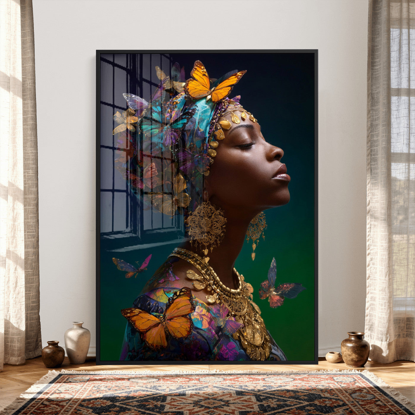 620930SZC0-MGV-CV-24X36 - Butterfly Crown Gold Woman Portrait — Monarch Queen Canvas Print | Teal Dark Fantasy Art | Boho Bedroom Wall Decor | Empowerment Gift Her