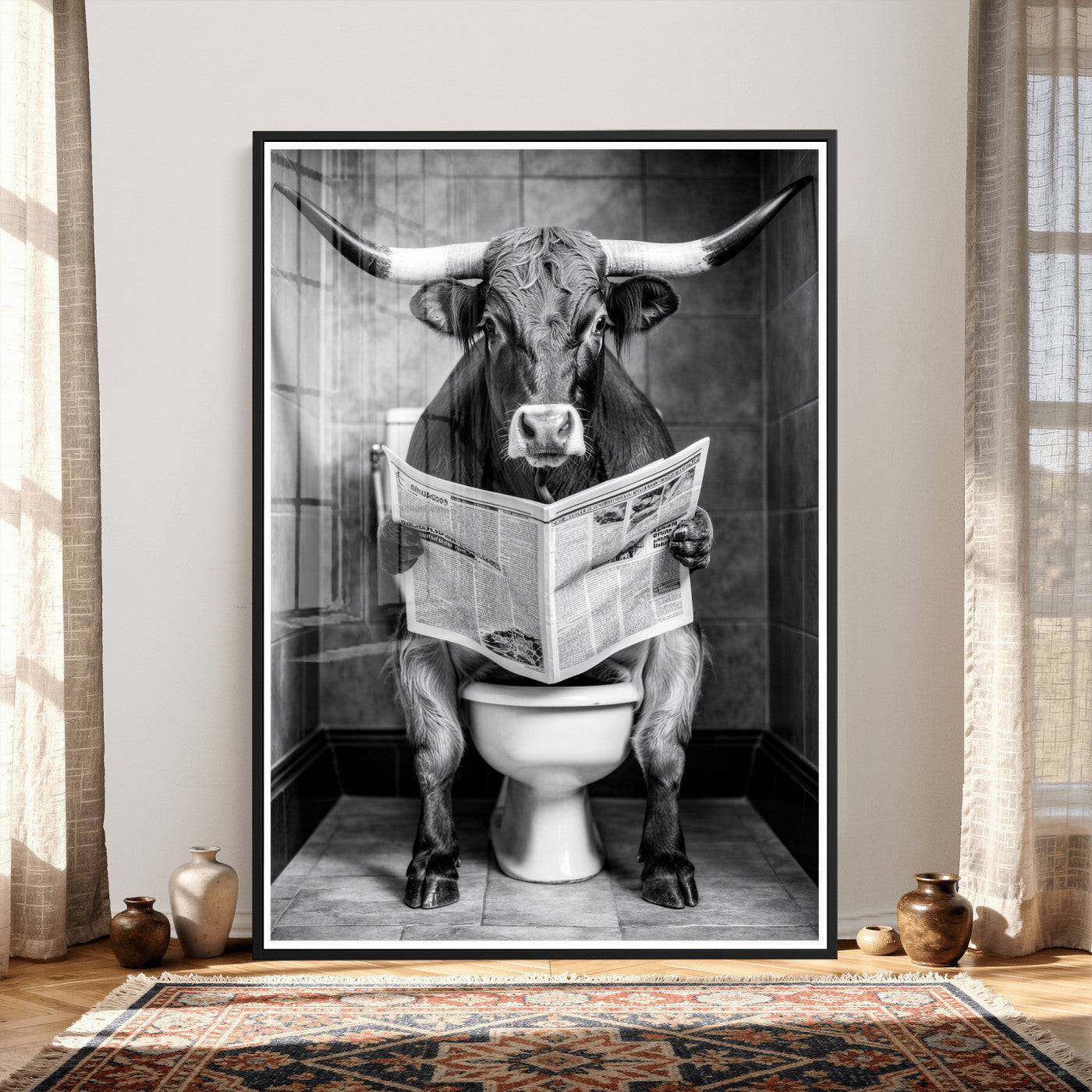 77994492-MGV-CV-24X36 - Texas Longhorn Cow Toilet Paper Canvas Wall Art, Funny Bathroom Black White Print, Cute Animal Humor Decor, Quirky Farmhouse Bathroom Art, Cow Lover Gift