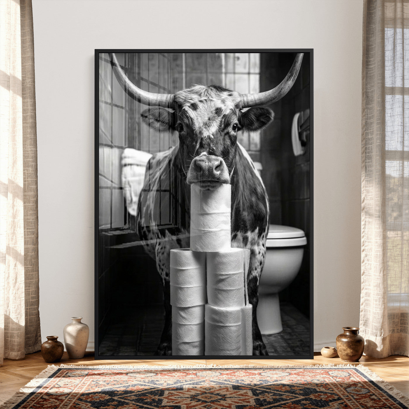79259956-MGV-CV-24X36 - Texas Longhorn Cow Toilet Paper Canvas Wall Art, Funny Bathroom Black White Print, Cute Animal Humor Decor, Quirky Farmhouse Bathroom Art, Cow Lover Gift