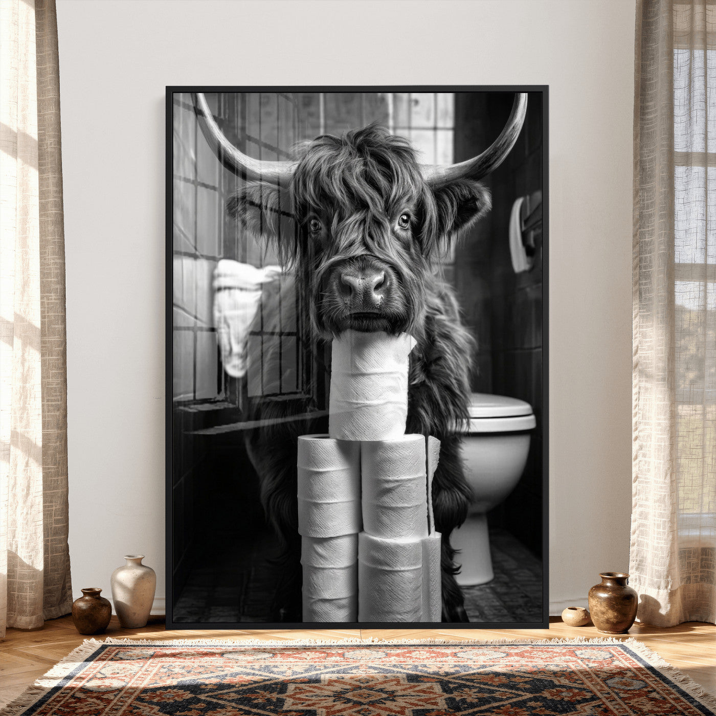 95909209-MGV-CV-24X36 - Highland Cow Toilet Paper Canvas Wall Art, Funny Bathroom Black White Print, Cute Animal Humor Decor, Quirky Farmhouse Bathroom Art, Cow Lover Gift