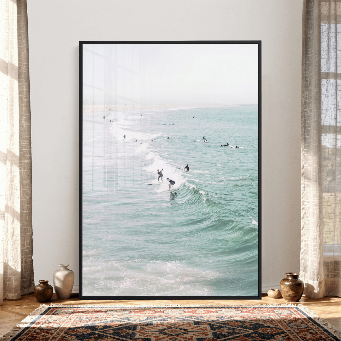 58043762-MGV-CV-24X36 - Surfers on Waves Canvas Wall Art, Aerial Ocean Photography Print, Mint Green Surf Decor, California Beach House Art, Coastal Sports Wall Decor