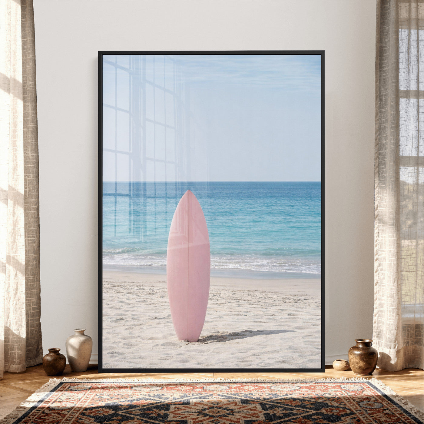 17265103-MGV-CV-24X36 - Pink Surfboard Canvas Wall Art, Minimalist Beach Photography Print, Pastel Ocean Coastal Decor, Girl Beach Room Art, Aesthetic Summer Wall Print
