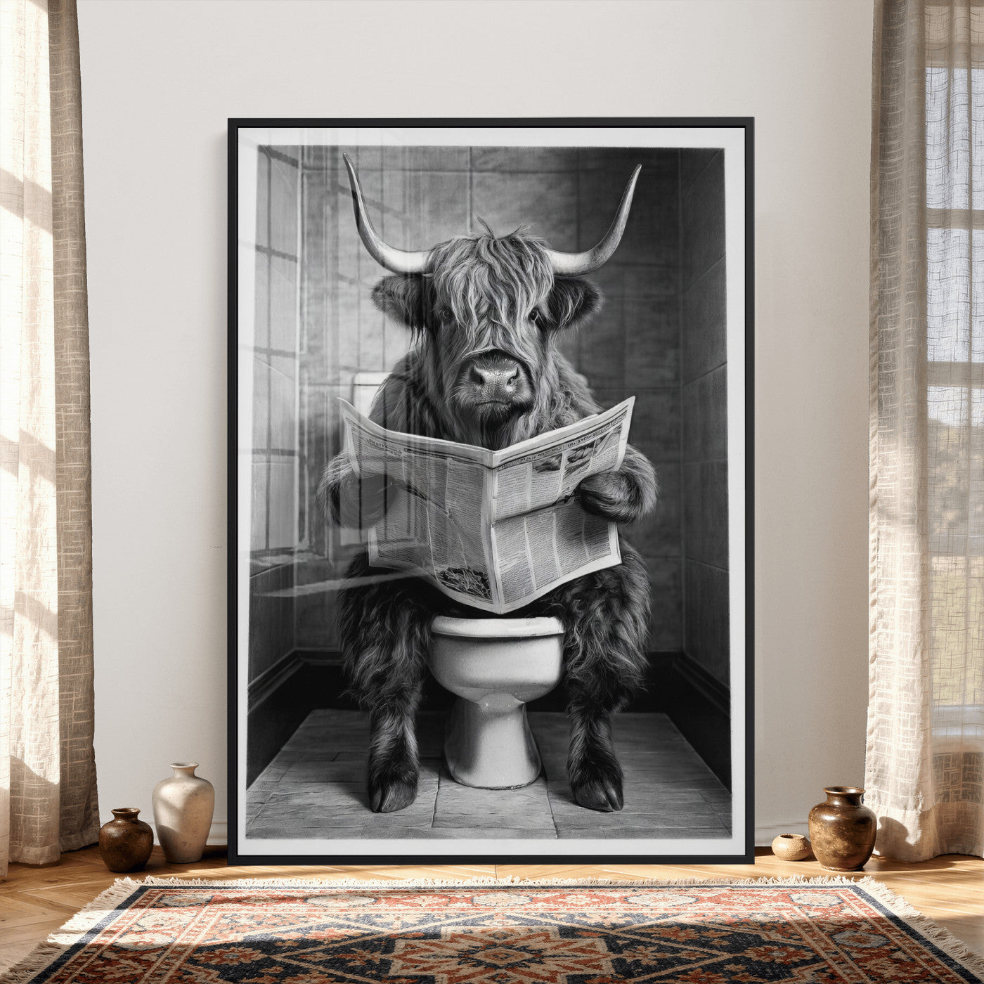 56930218-MGV-CV-24X36 - Funny Bathroom Canvas Wall Art, Texas Longhorn on Toilet Reading Newspaper, Humor Animal Print, Farmhouse Bathroom Decor, Quirky Cow Gift, Toilet Room Art