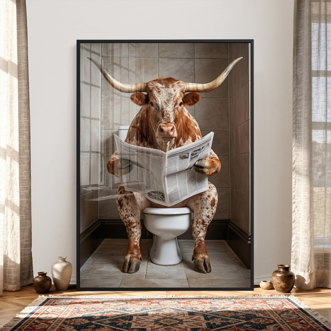 17728527-MGV-CV-24X36 - Funny Bathroom Canvas Wall Art, Texas Longhorn on Toilet Reading Newspaper, Humor Animal Print, Farmhouse Bathroom Decor, Quirky Cow Gift, Toilet Room Art