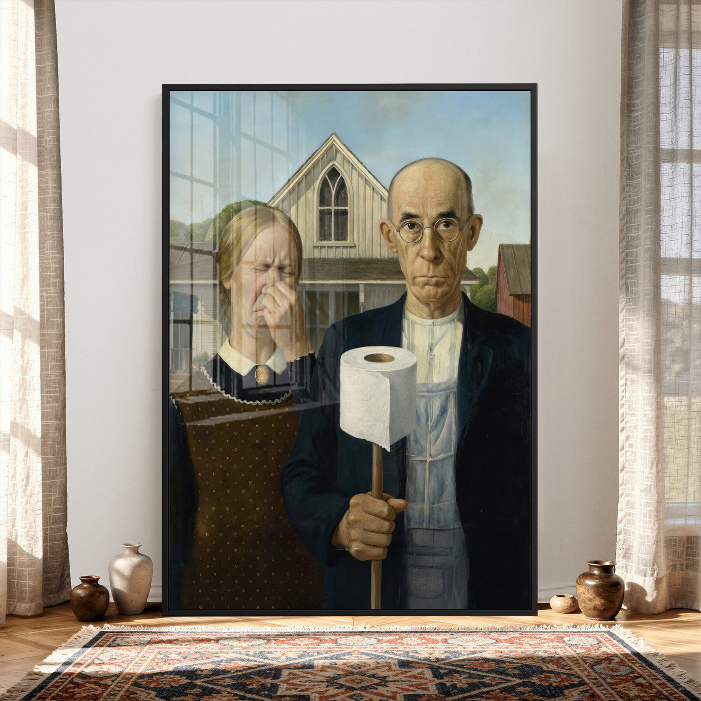 46805085-MGV-CV-24X36 - Funny Bathroom Canvas Wall Art, Grant Wood American Gothic Toilet Paper Parody Print, Humor Bathroom Decor, Classic Art Spoof, Quirky Housewarming Gift