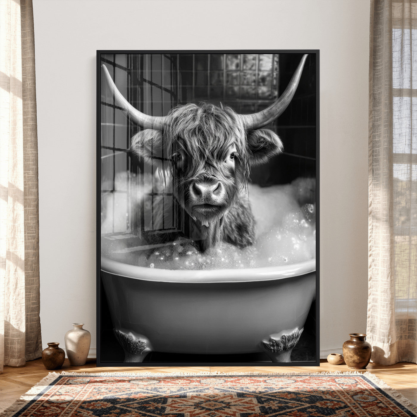 44020264-MGV-CV-24X36 - Highland Cow Bathtub Canvas Wall Art, Funny Bathroom Print Black White, Grumpy Cow Bubble Bath Decor, Animal Bathroom Art, Farmhouse Humor Print, Cute Cow Gift