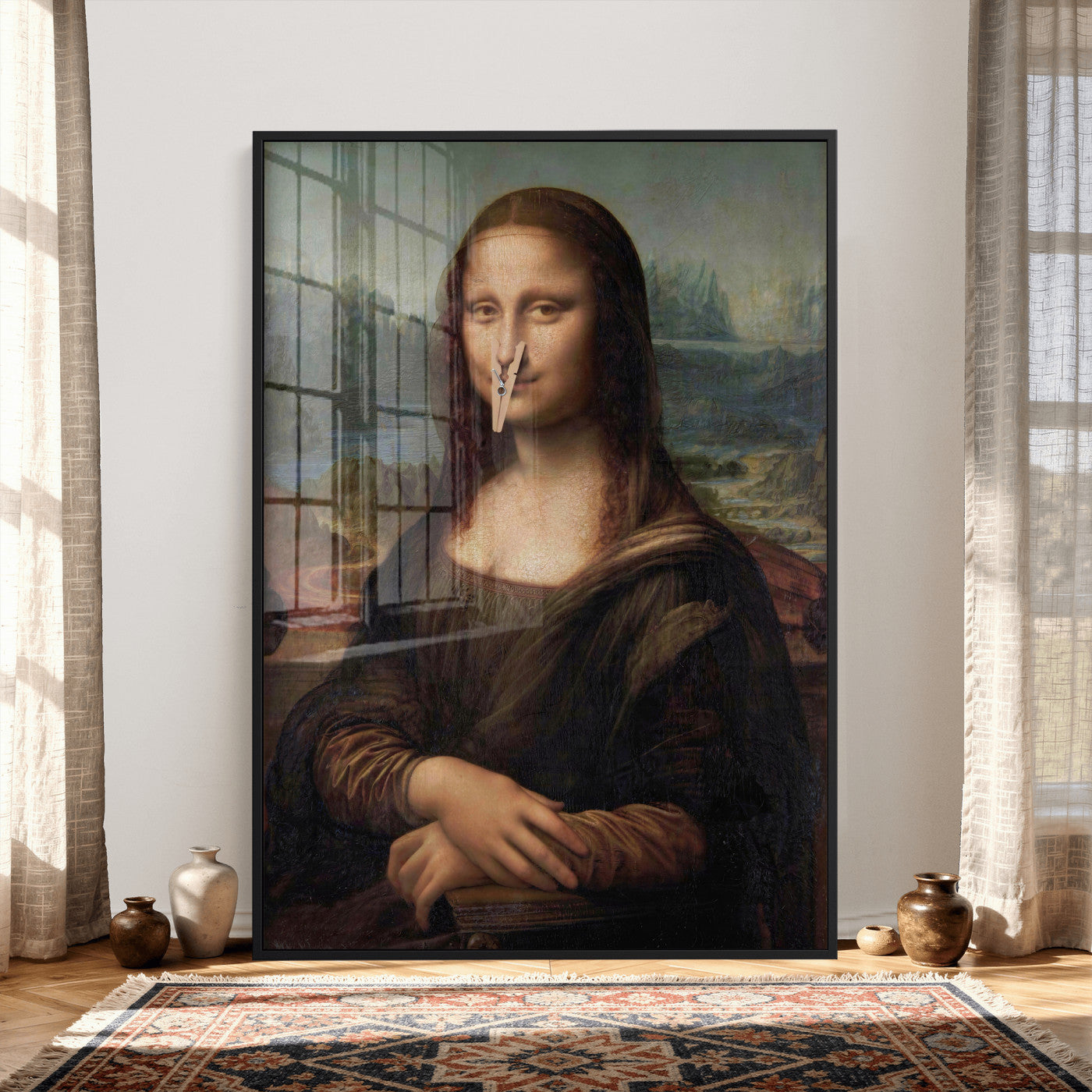 59125950-MGV-CV-24X36 - Funny Bathroom Canvas Wall Art Print, Mona Lisa Clothespin Nose Humor Decor, Classic Art Parody, Toilet Room Wall Art, Quirky Housewarming Gift, Eclectic Home Decor