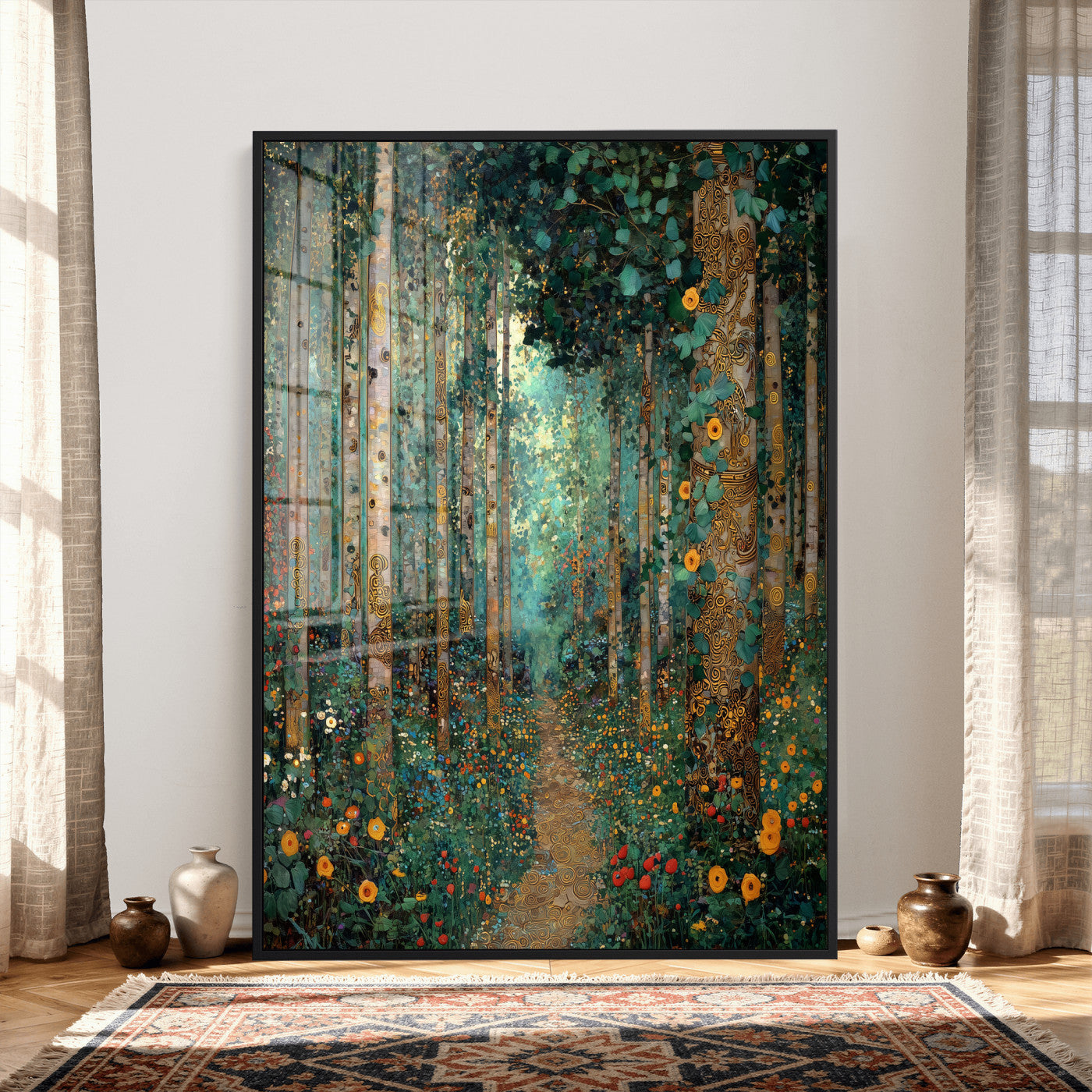 76587981-MGV-CV-24X36 - Gustav Klimt Style Forest Canvas Wall Art, Golden Forest Path Floral Art Nouveau Print, Enchanted Woodland Decor, Maximalist Colorful Nature Art