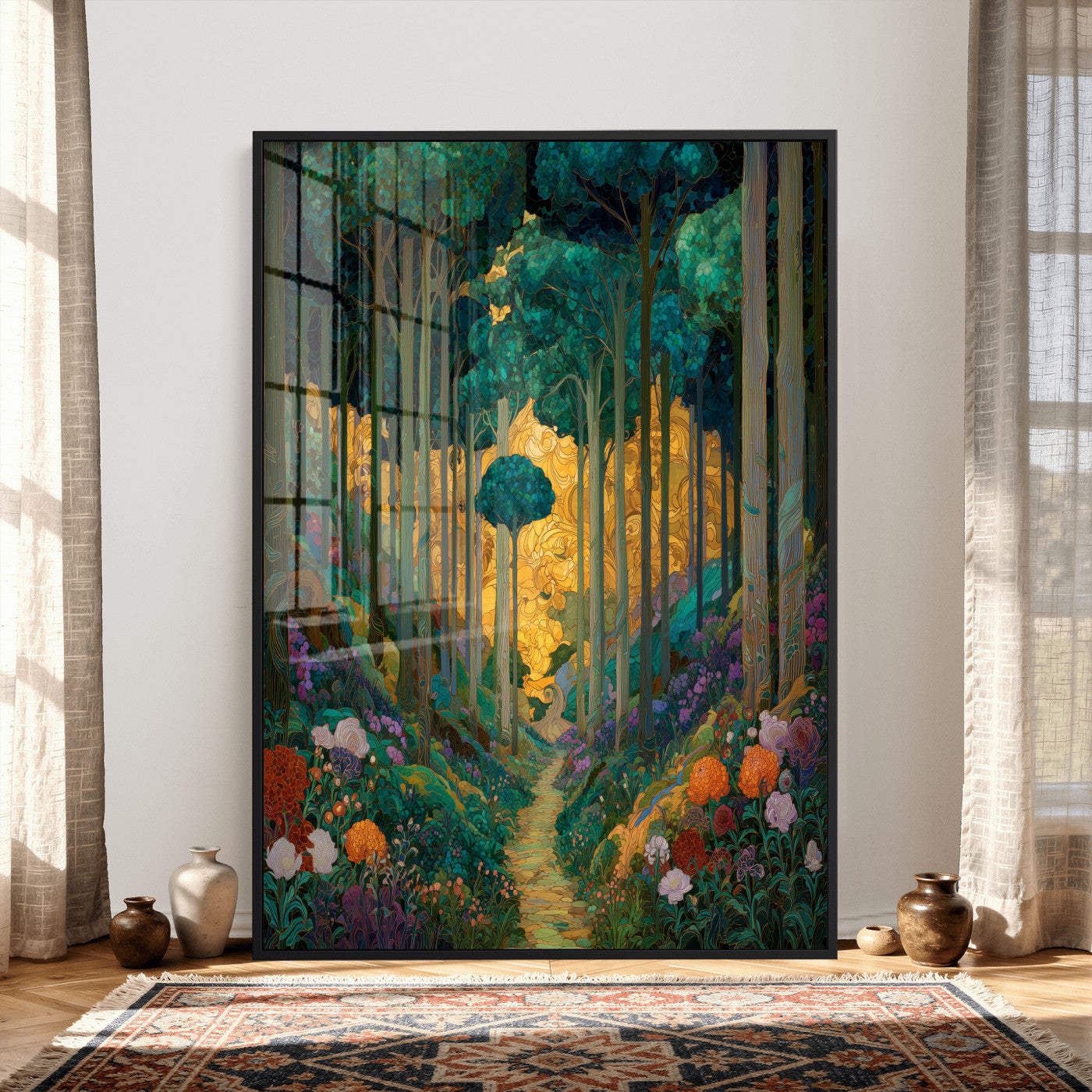 70159913-MGV-CV-24X36 - Gustav Klimt Style Forest Canvas Wall Art, Golden Forest Path Floral Art Nouveau Print, Enchanted Woodland Decor, Maximalist Colorful Nature Art