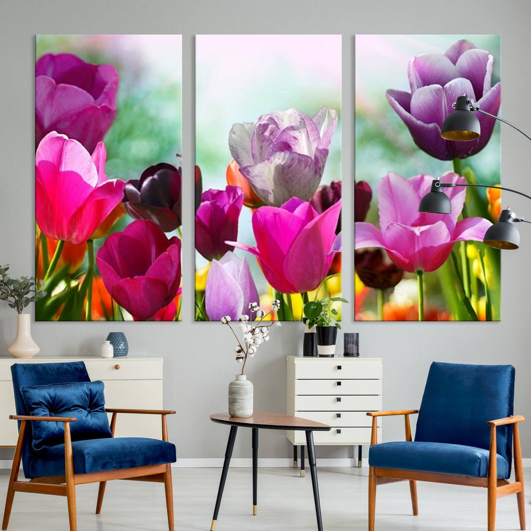 The Wall Art Colorful Flowers Panoramic Canvas Print showcases gallery-wrapped museum-quality canvases with a UV-protective coating for enduring beauty.