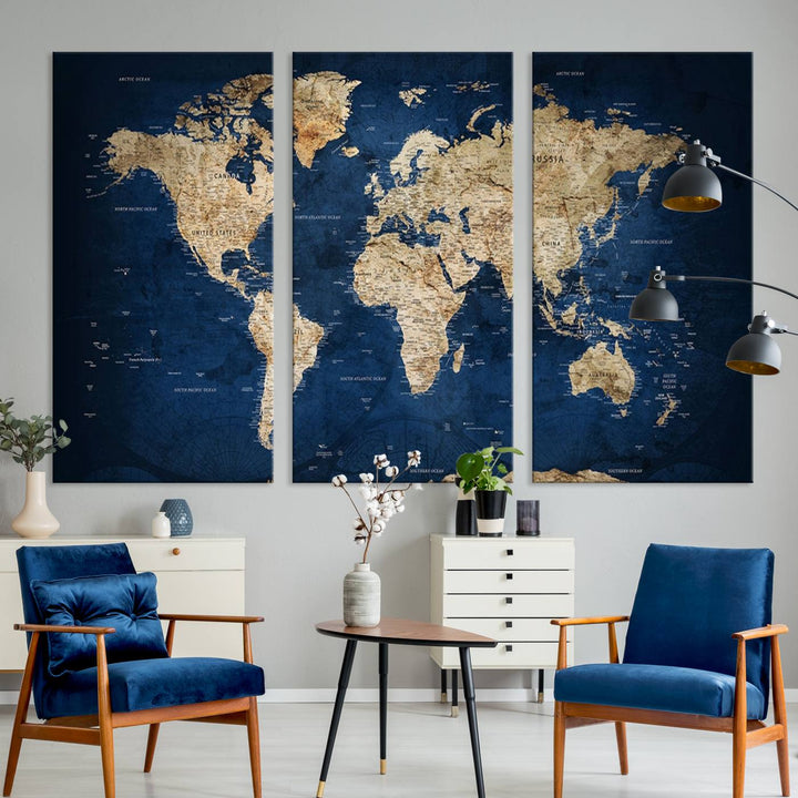 A triptych canvas print titled "Vintage Blue World Map Canvas Print - Classic World Map Design on Deep Blue Wall Art Print" adorns the wall, enhancing the decor with its antique style.