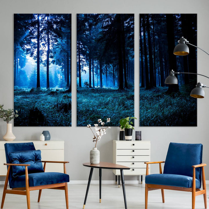 Arte de pared de bosque oscuro místico, lienzo de bosque grande, lienzo de paisaje, arte de pared de múltiples paneles, conjunto de lienzo grande de 3 piezas enmarcado