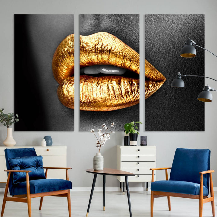 Gold Lips Canvas Wall Art Print Makeup Wall Art Fashion Beauty Canvas Print