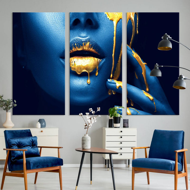 Neón Azul Oro Labios Sensual Fotografía Lienzo Pared Arte Impresión Moda Arte Belleza