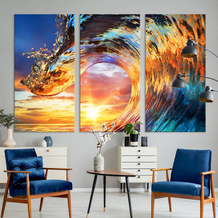 Wave Canvas Wall Art – Multi-Panel Sunset Ocean Scene – Bold and Vibrant Decor for Living Room or Office – Ready to Hang