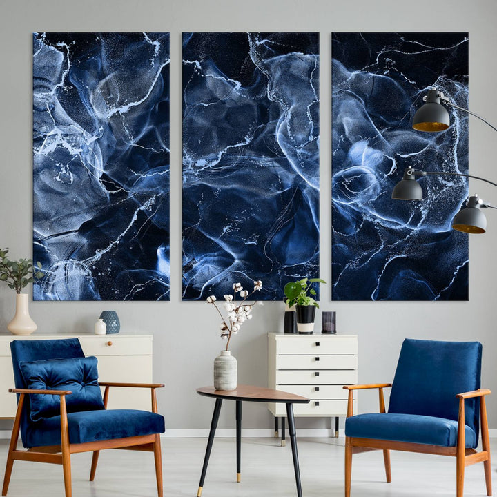 Arte de pared grande con efecto ahumado de mármol azul, lienzo abstracto moderno, impresión artística de pared