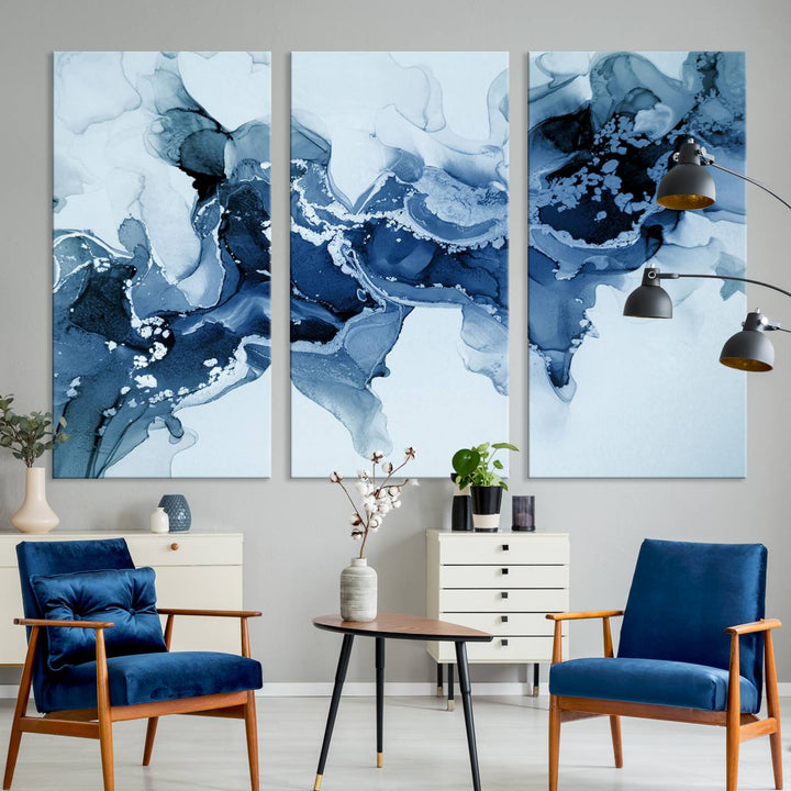 Arte de pared grande con efecto fluido de mármol azul hielo, lienzo abstracto moderno, impresión artística de pared