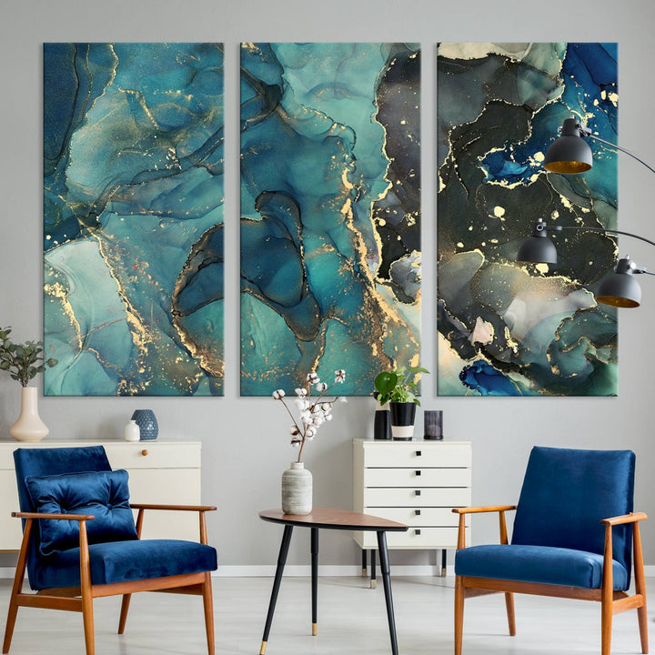 Green and Gold Marble Fluid Effect Wall Art Abstract Canvas Wall Art Print