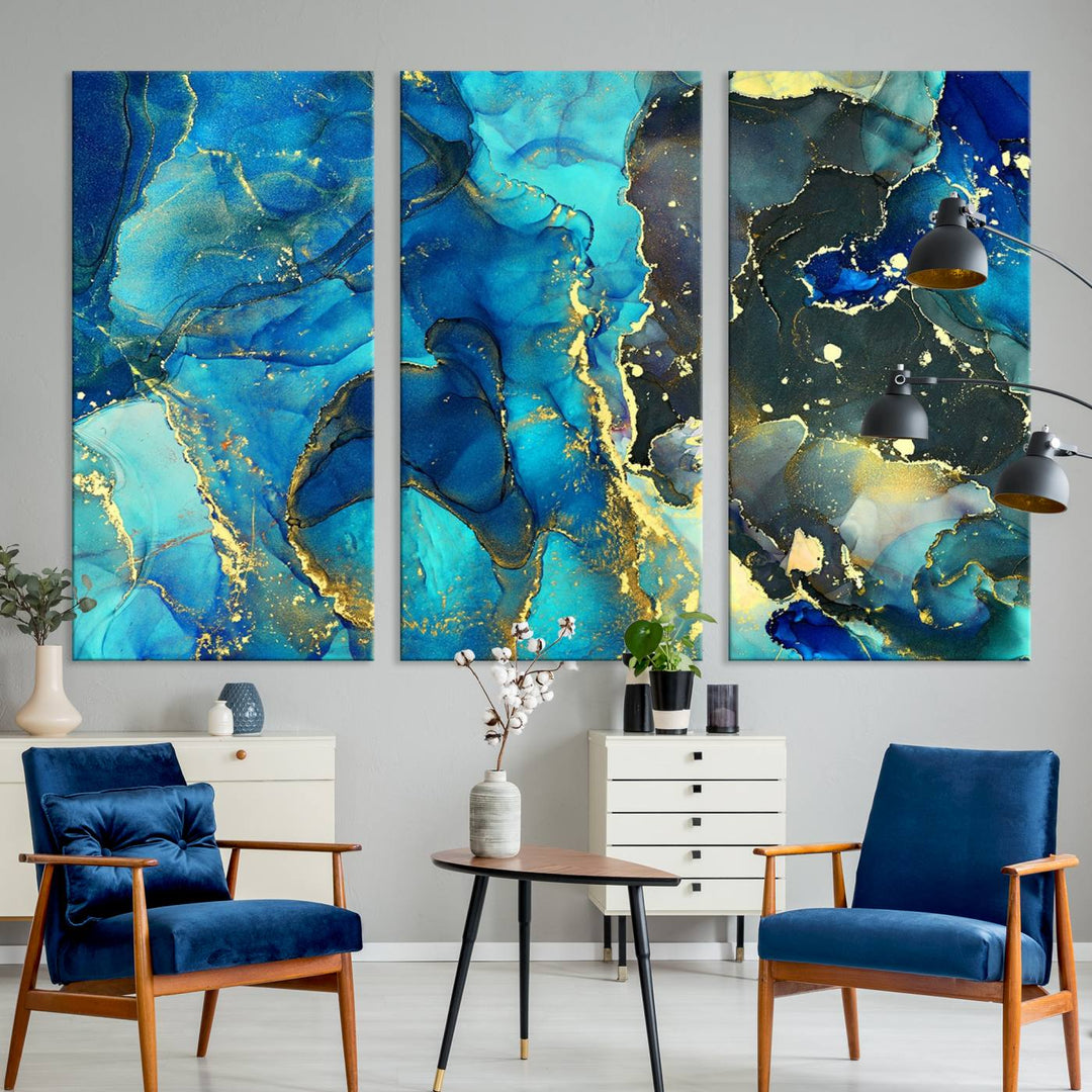 Arte de pared grande con efecto fluido de mármol azul neón, lienzo abstracto moderno, impresión artística de pared