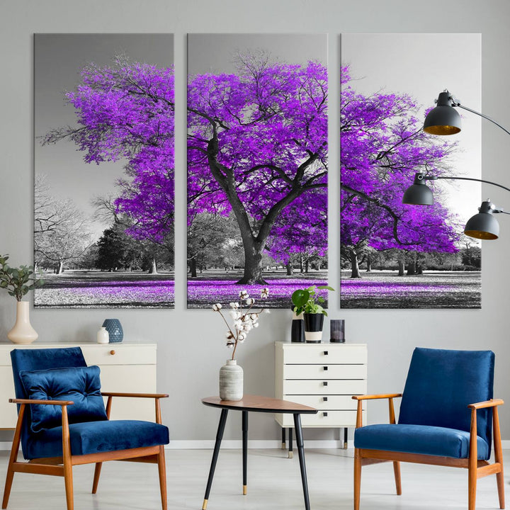 Gran árbol púrpura lienzo pared arte impresión negro blanco púrpura arte pintura lienzo grande