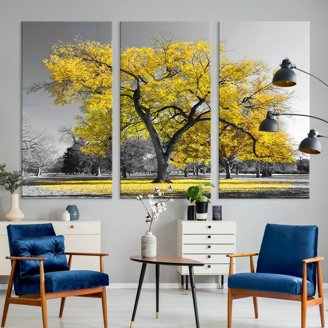 Toile murale avec grand arbre jaune, impression d'art, noir, blanc, jaune, peinture artistique