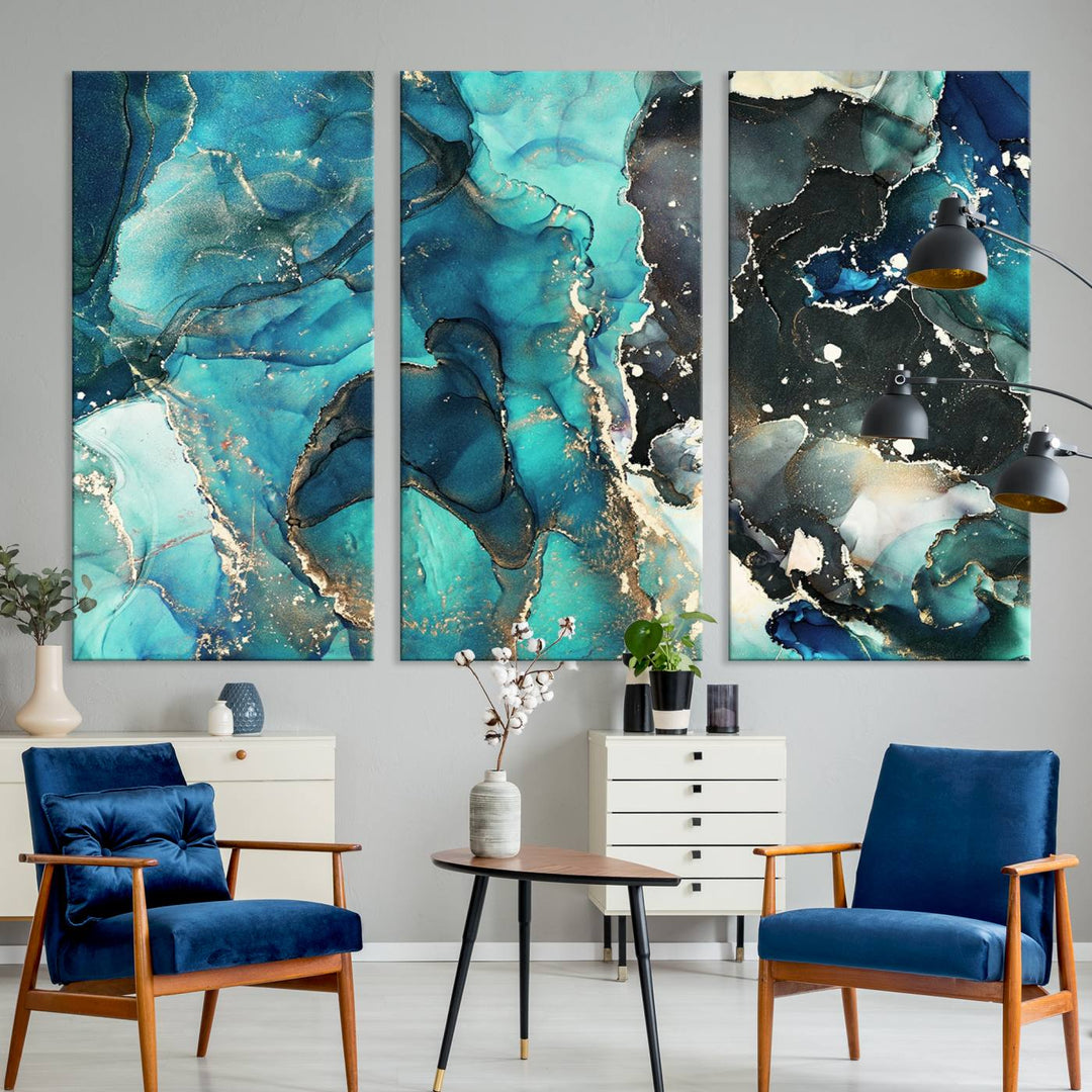 Stylish Teal Color Gold Abstract Canvas Wall Art Print