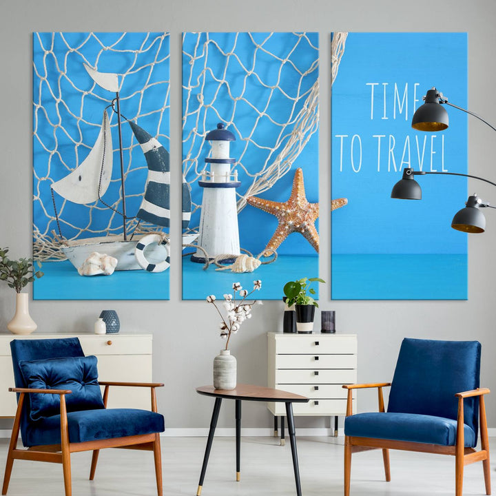 Sailing Boat Starfish and Lighthouse Wall Art Canvas Print