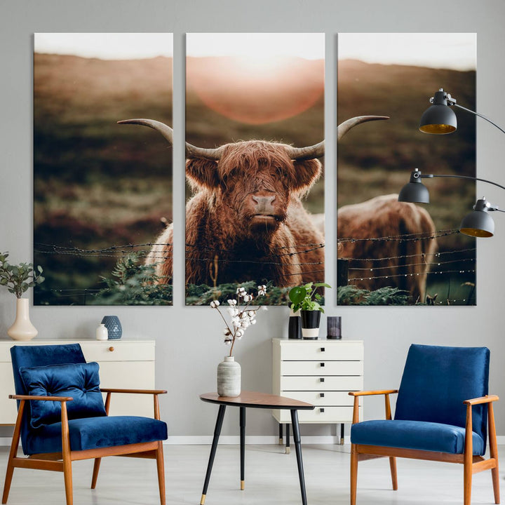 Lienzo de vaca de las tierras altas al amanecer, decoración del hogar, varios paneles, lienzo enmarcado listo para colgar, obras de arte para pared dividida, sala de estar, fotografía artística, decoración de pared