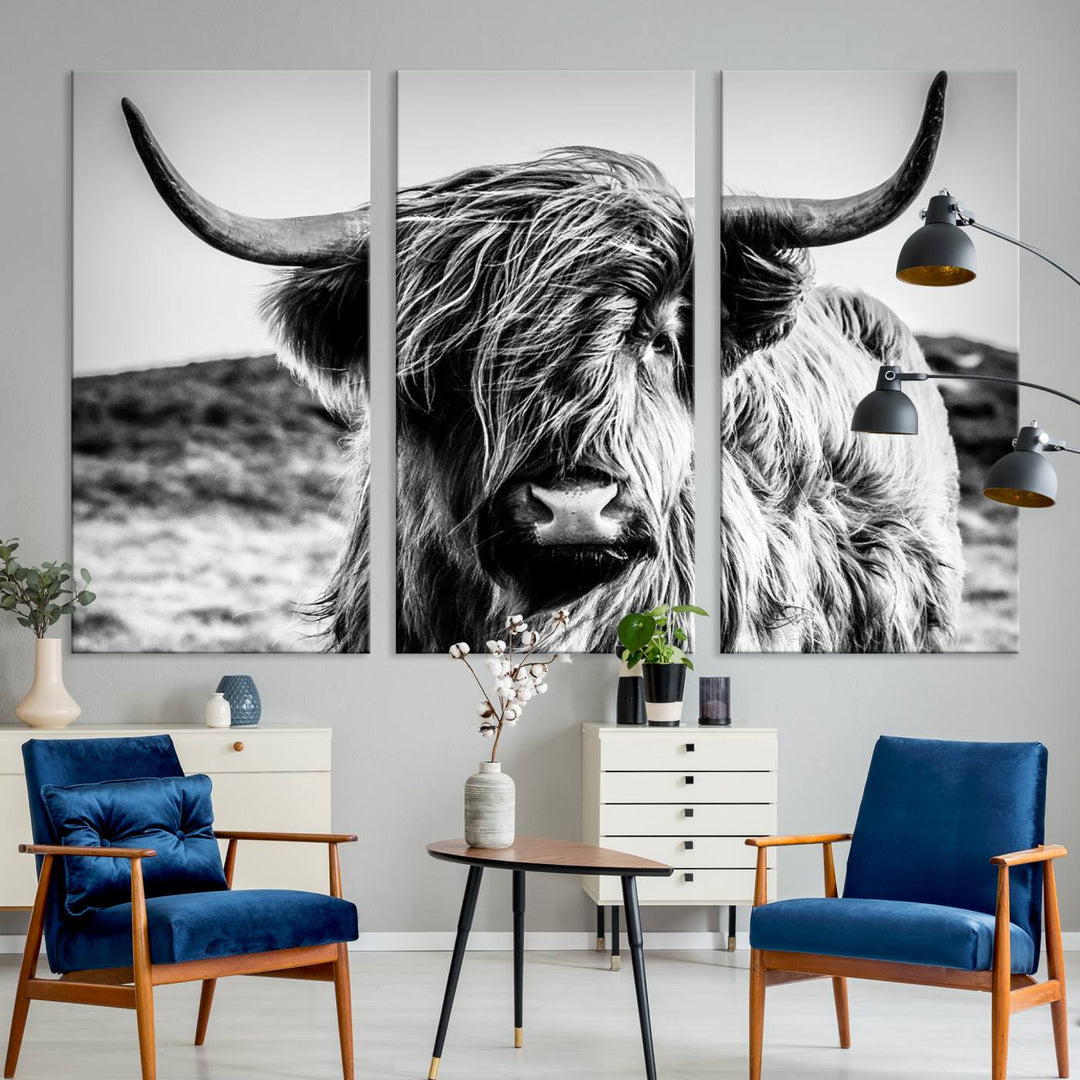 Scottish Cow Black and White Wall Canvas Art Print Farm House