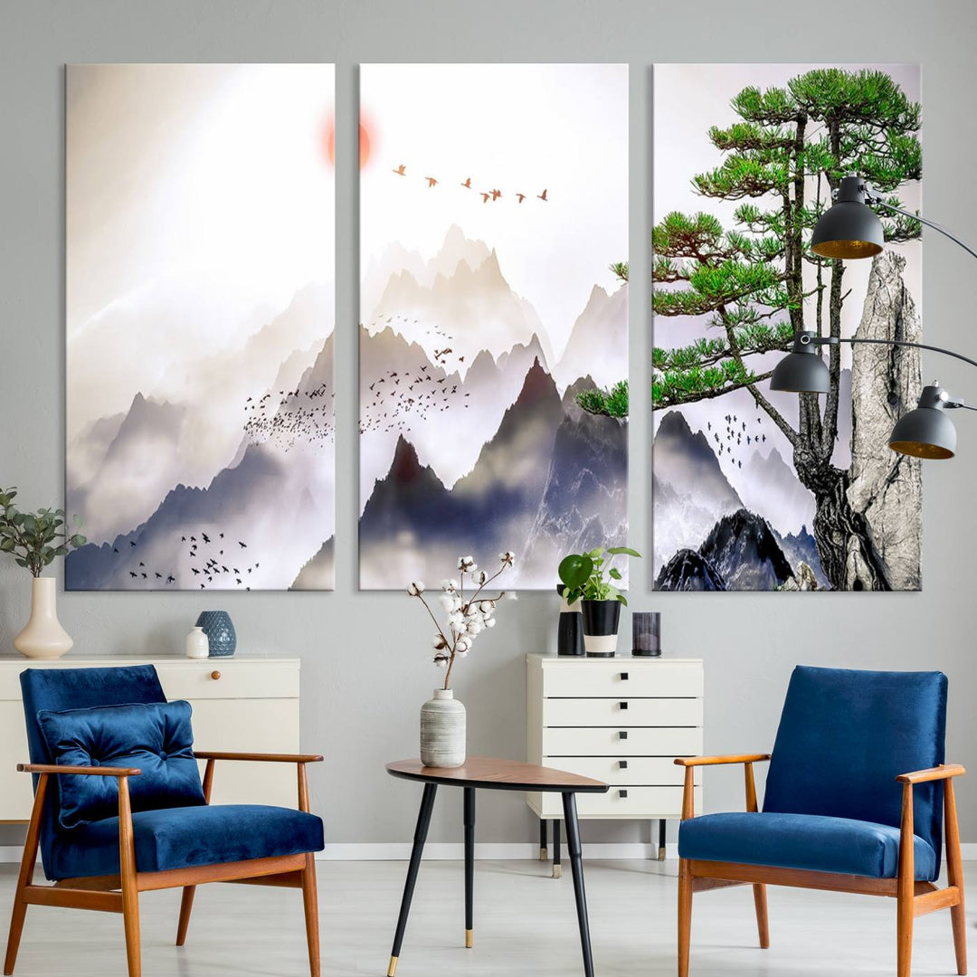 Japanese Tree Mountain Wall Art Canvas Print