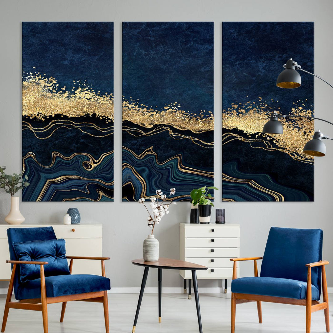 Navy Blue Marble Fluid Effect Large Wall Art Modern Abstract Canvas Wall Art Print