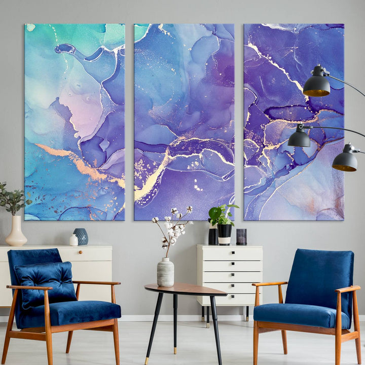 Arte de pared grande con efecto fluido de mármol azul y morado, lienzo abstracto moderno, impresión artística de pared