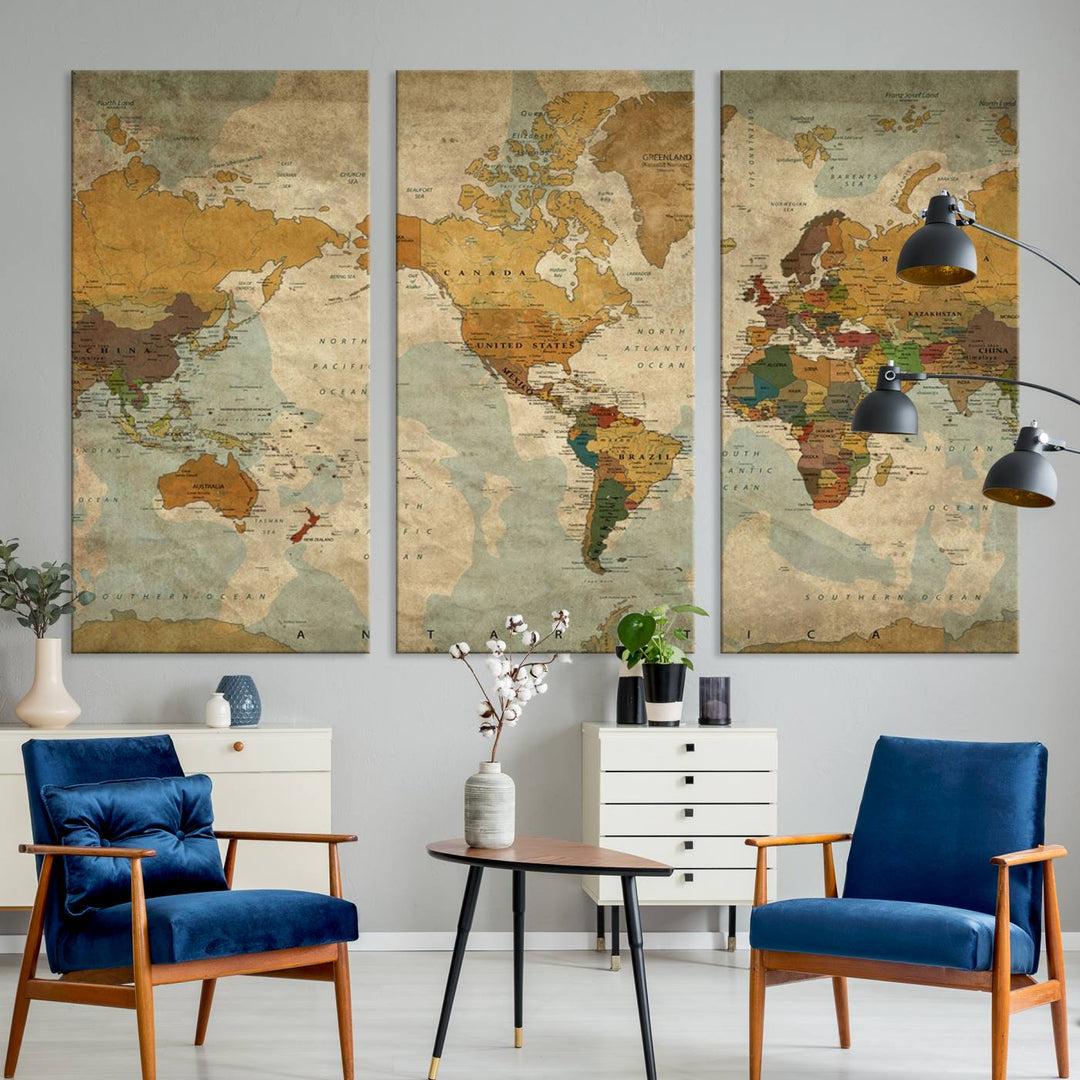 Sephia World Map Wall Art Multi Panel