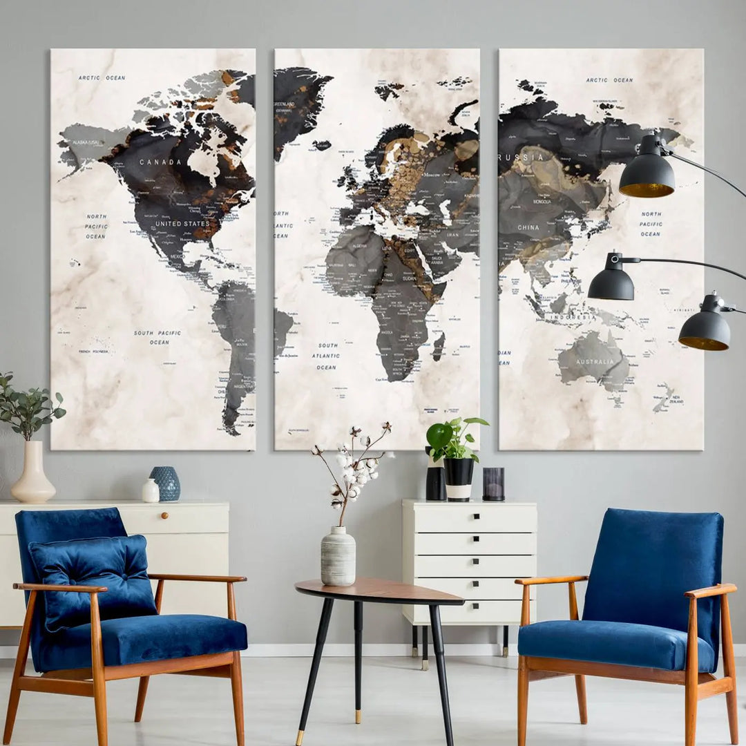 The dining room wall is adorned with the World Map Canvas Print – Earthy Triptych Wall Art, a vintage global map decor featuring dark continents.