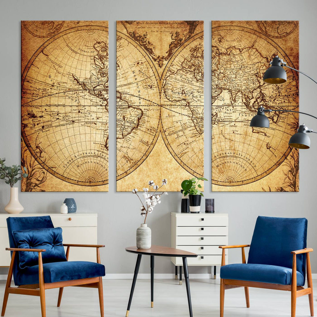 Vintage World Map Wall Art | 3-Panel Canvas Print for Living Room, Office, or Study | Giclee Canvas with Antique Design