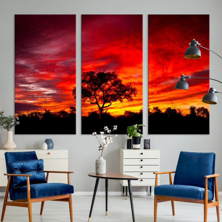 Red Sunset Landscape Artwork Printing, Forest Tree Wall Art Canvas Print