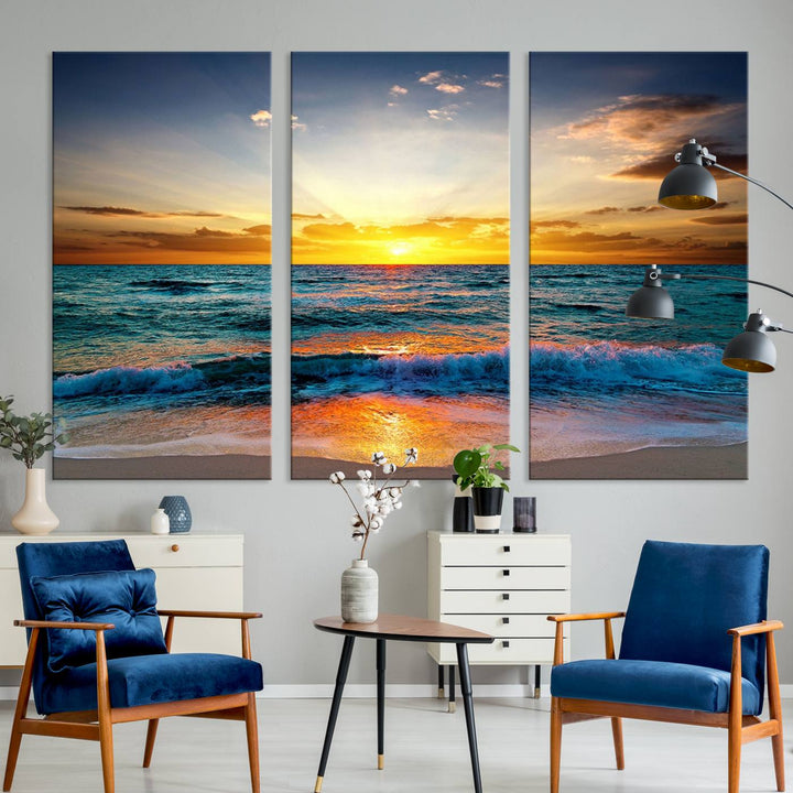 Vibrant Ocean Sunrise Over Golden Beach Waves, Giclee Canvas Wall Art Set, High-Quality Stretched Canvas Print, Ready to Hang Coastal Sunset Wall