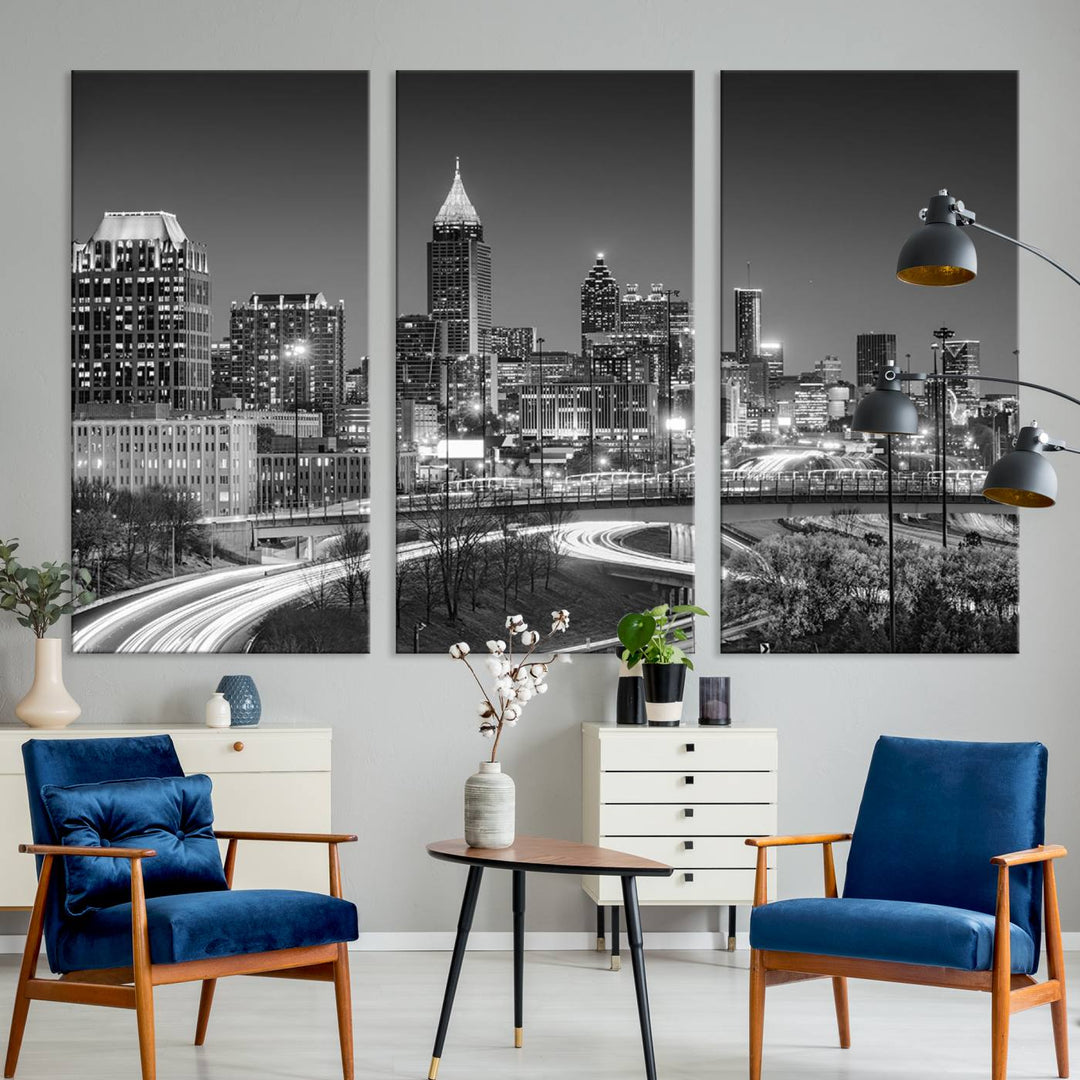 Atlanta City Lights Skyline Art mural noir et blanc Paysage urbain Impression sur toile