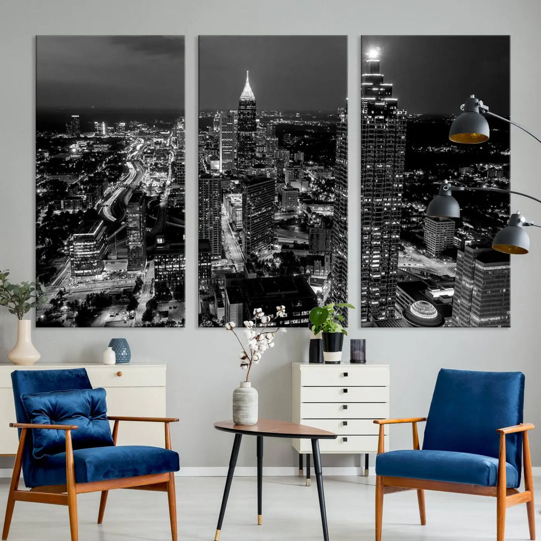 The Atlanta City Lights Skyline Black and White Wall Art Cityscape Canvas Print is elegantly displayed on the wall. These museum-quality canvases arrive ready to hang, making your art display both effortless and sophisticated.