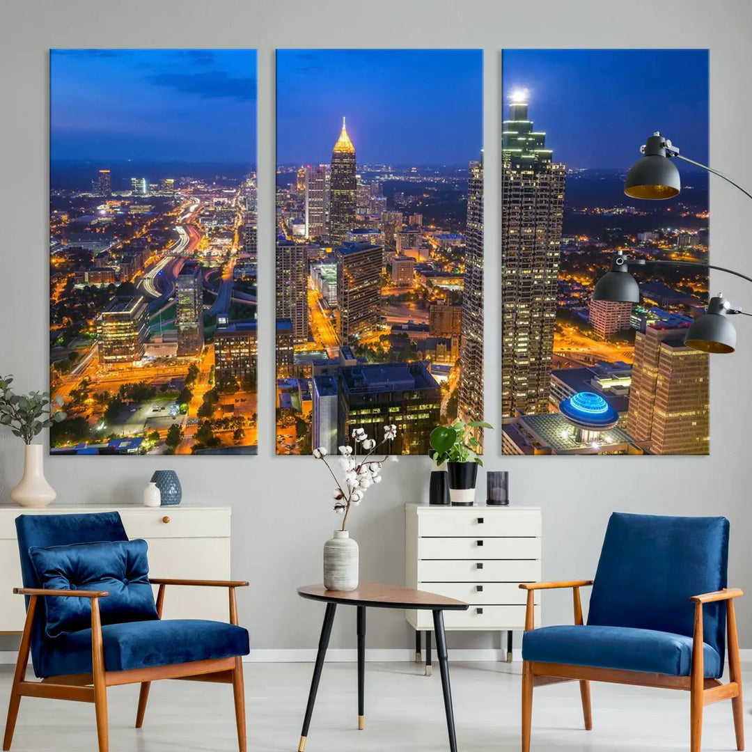 An elegant Atlanta City Blue Skyline Cityscape View Wall Art Canvas Print graces the wall, offering a sophisticated addition to your living space. Enjoy free shipping on this stylish piece.