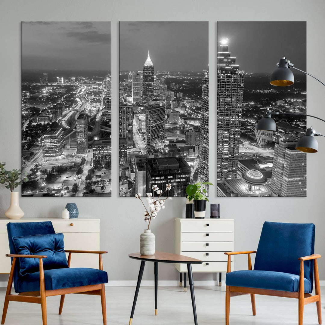 Atlanta City Skyline Art mural noir et blanc Paysage urbain Impression sur toile