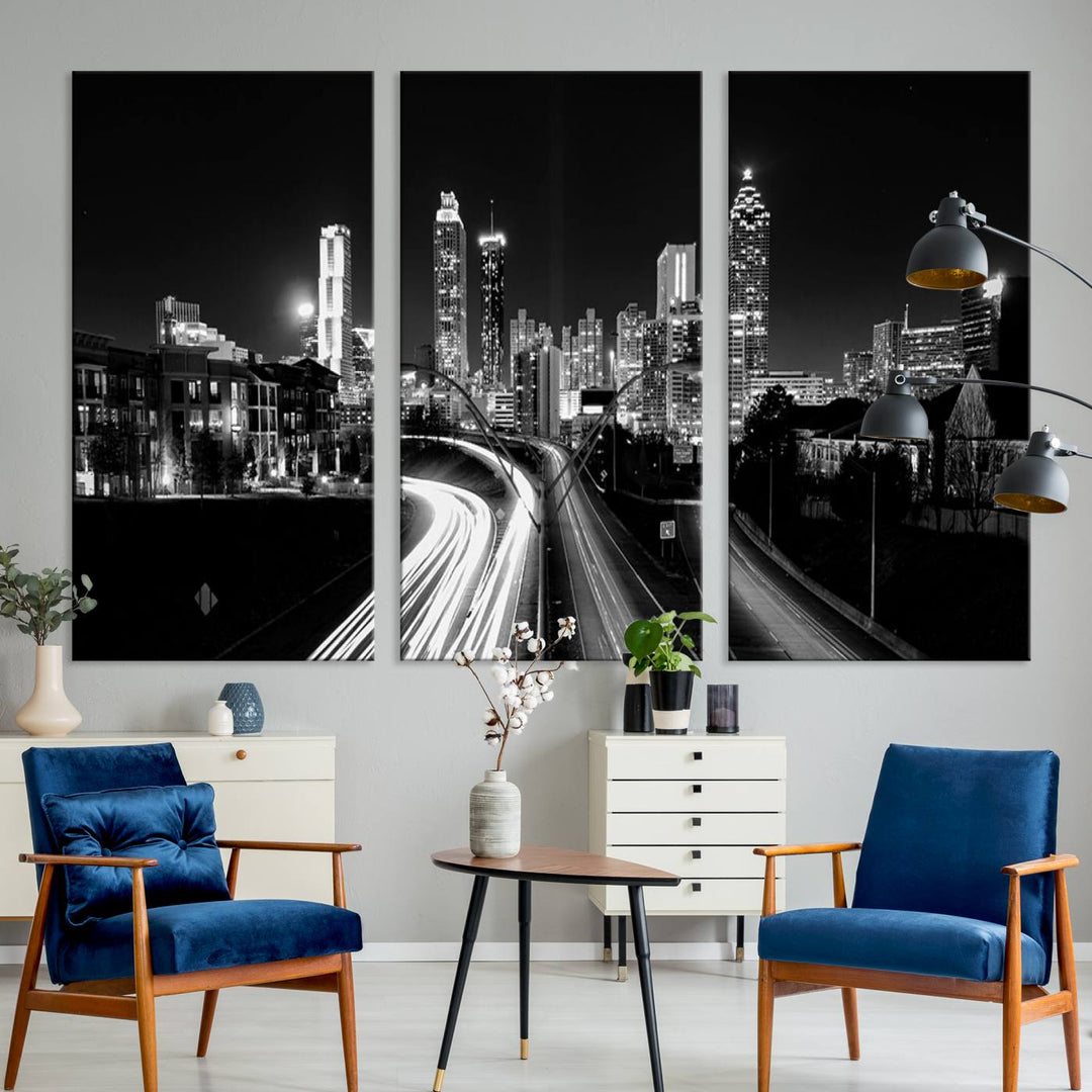 Atlanta City Lights Skyline Art mural noir et blanc Paysage urbain Impression sur toile