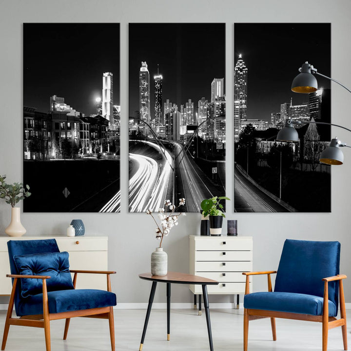 Atlanta Georgia Lights Skyline Black and White Wall Art Cityscape Canvas Print