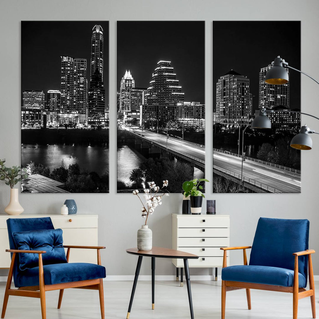 Austin City Lights Skyline Black and White Wall Art Canvas Print