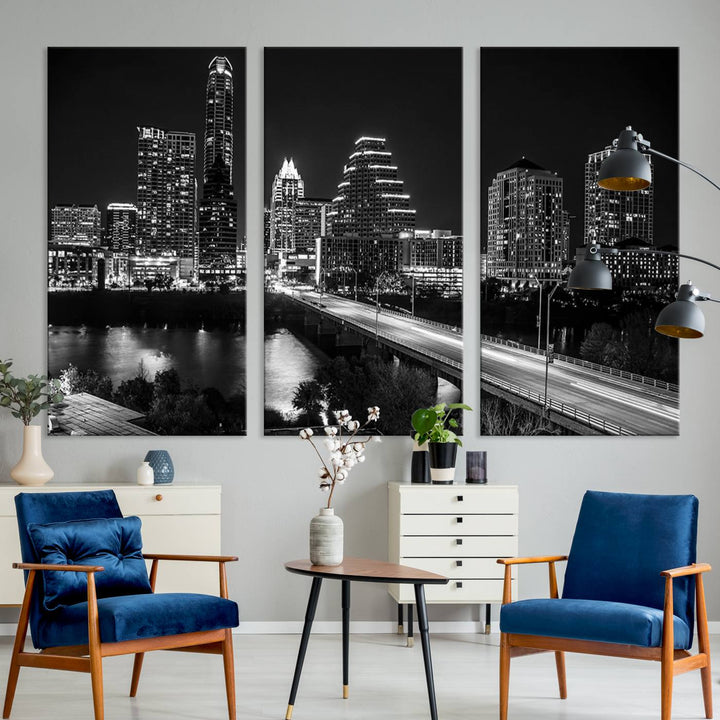 Austin City Lights Skyline Art mural noir et blanc Paysage urbain Impression sur toile