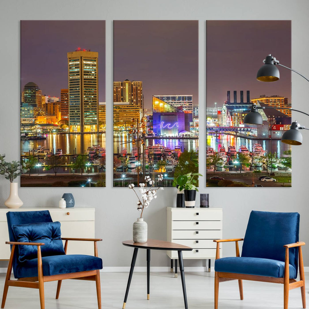 The Baltimore City Lights Night Skyline Cityscape View Wall Art Canvas Print is elegantly displayed on museum-quality canvas.