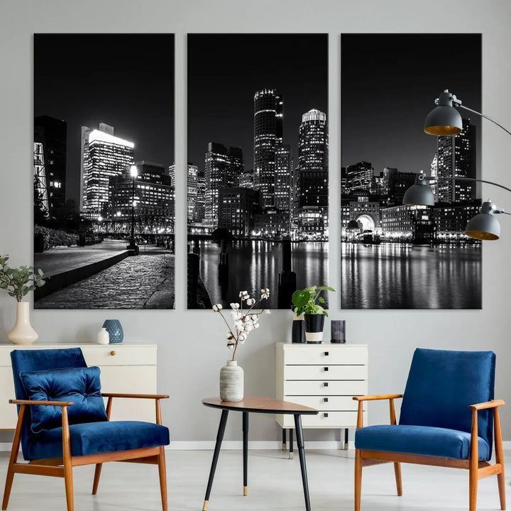 The living room showcases the Boston City Lights Skyline Black and White Wall Art Canvas Print.