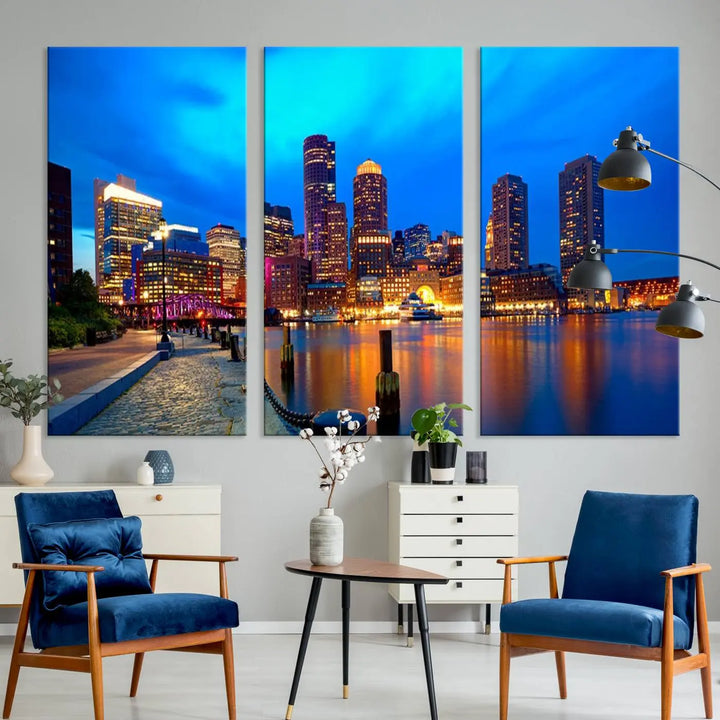 A triptych of the "Boston City Lights Night Blue Skyline Cityscape View Wall Art Canvas Print" adorns the wall. This museum-quality canvas artwork is ready to hang and includes a UV-protective coating for lasting brilliance.