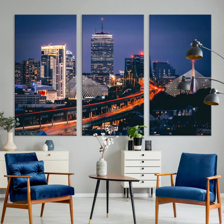 The "Boston City Lights Night Skyline Cityscape View" artwork on the wall showcases a brightly lit bridge at night. It is displayed on museum-quality canvas with a UV-protective coating.